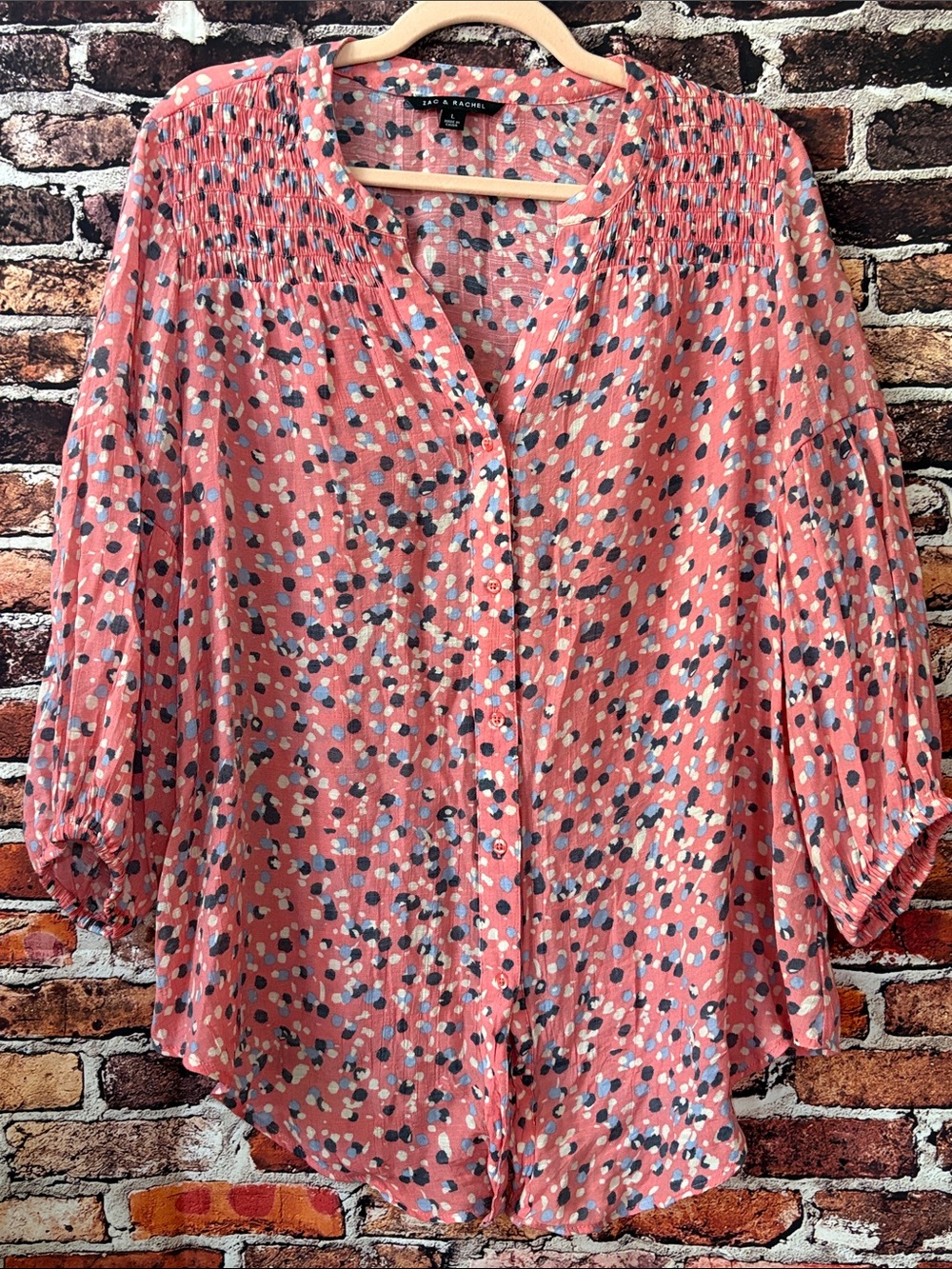 Coral Print Button-Front Blouse 3/4 Sleeves Lightweight Size Large